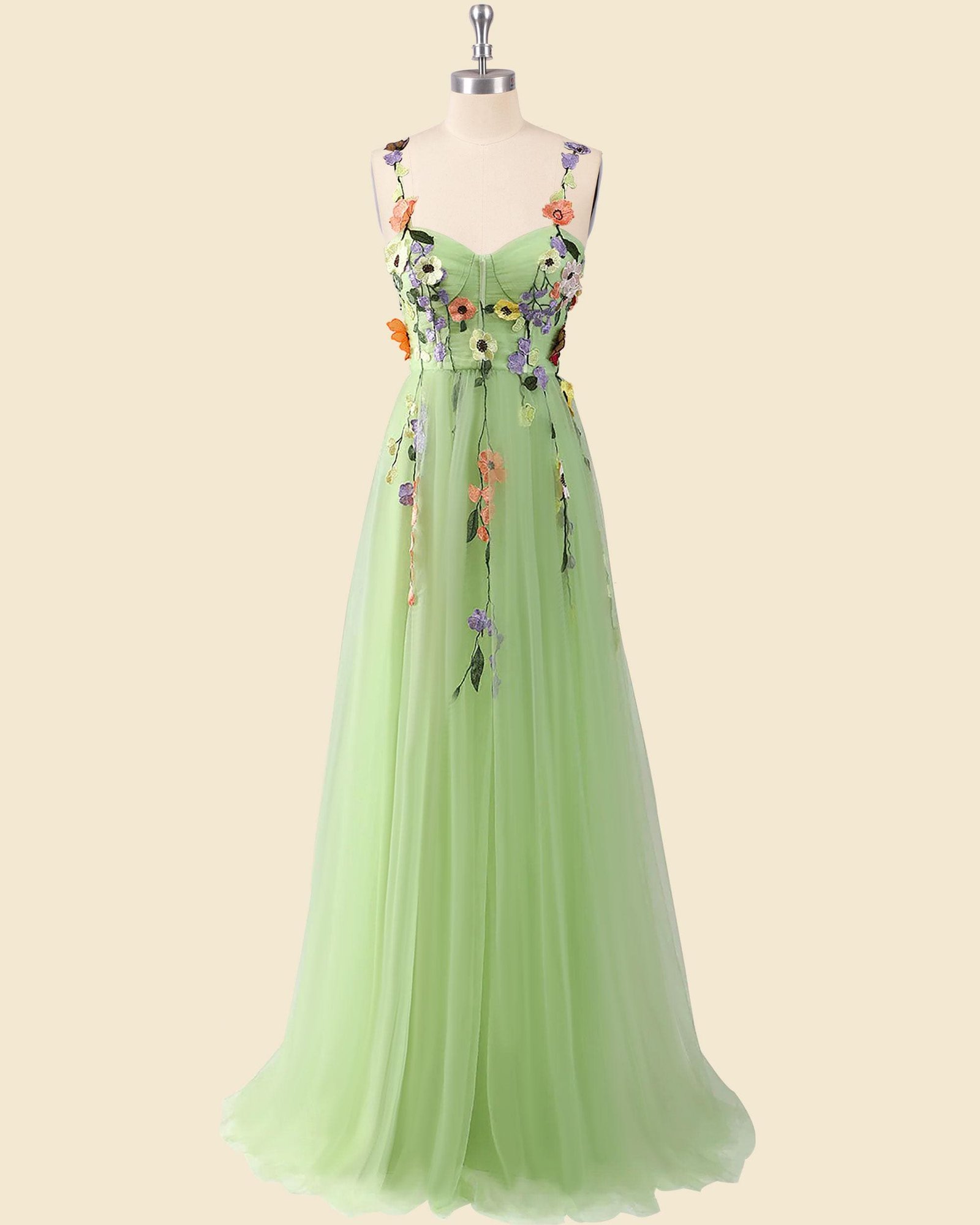Green Prom Dress 3D Floral Applique, Custom Made Embroidery Evening Gown, Formal Gala Wear - Image 4