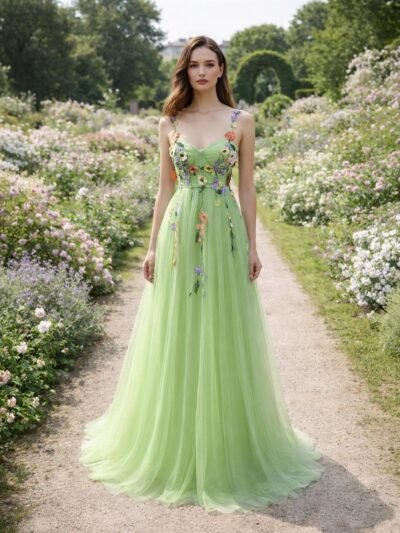 Green Prom Dress  3D Floral Applique