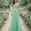 Green Prom Dress  3D Floral Applique