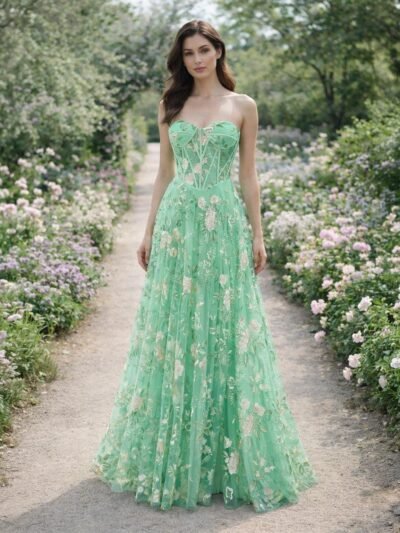 Green Prom Dress  3D Floral Applique