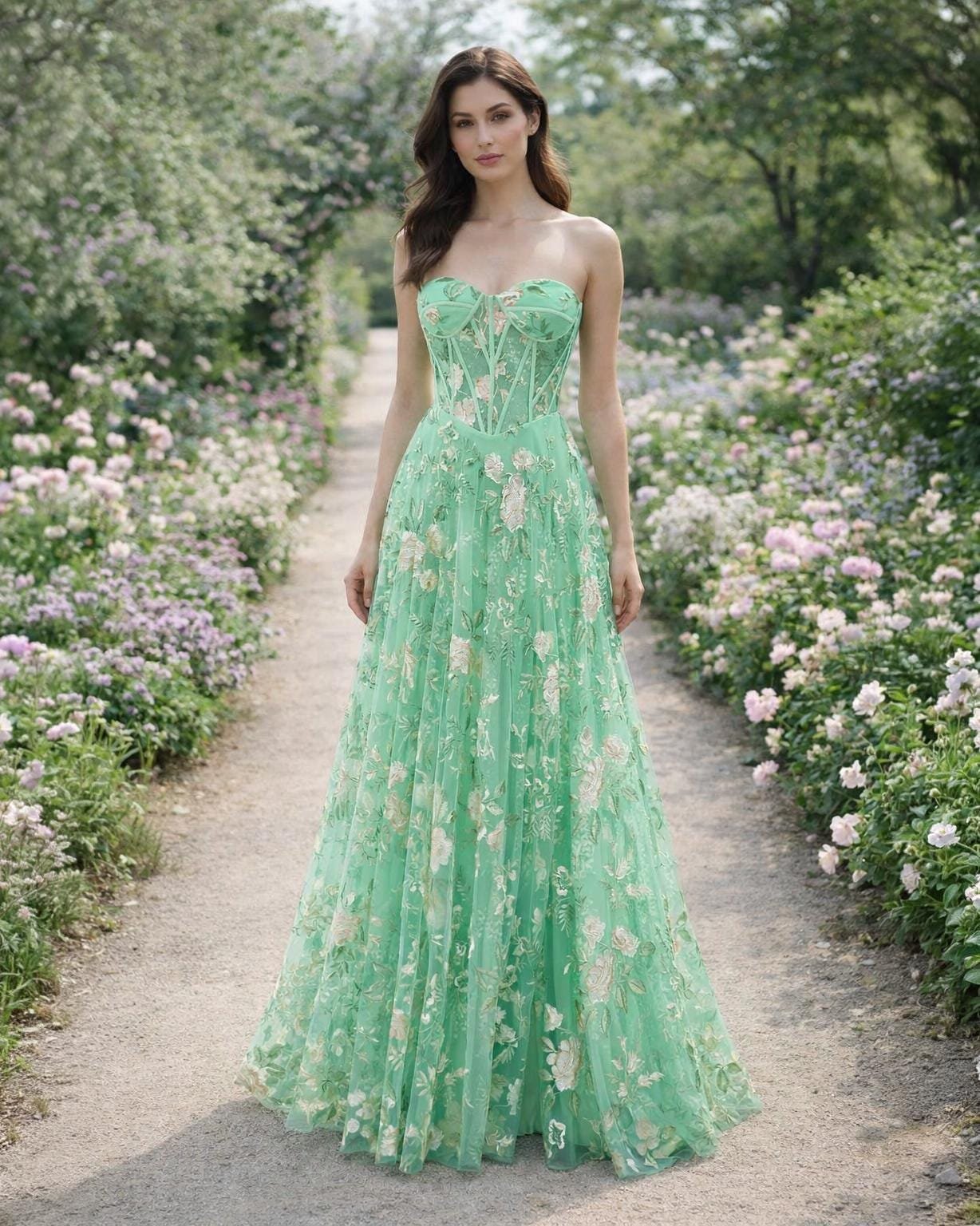 Green Prom Dress 3D Floral Applique