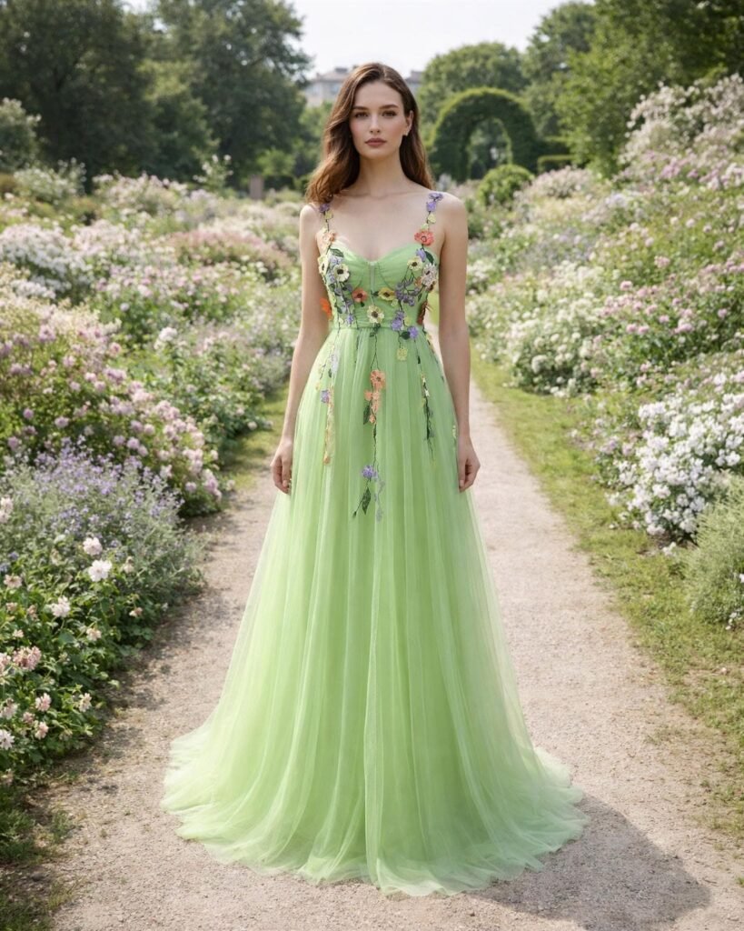 Green Prom Dress  3D Floral Applique