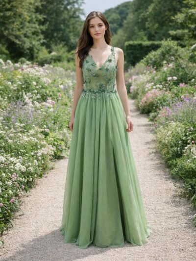 Green Prom Dress  3D Floral Applique