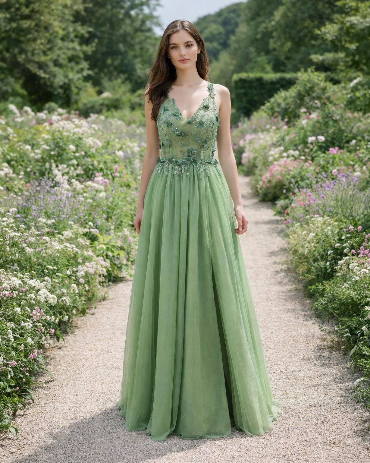 Green Prom Dress 3D Floral Applique