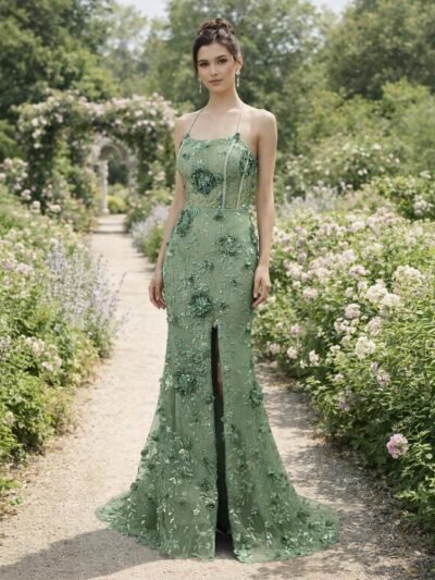 Green Prom Dress  3D Floral Applique