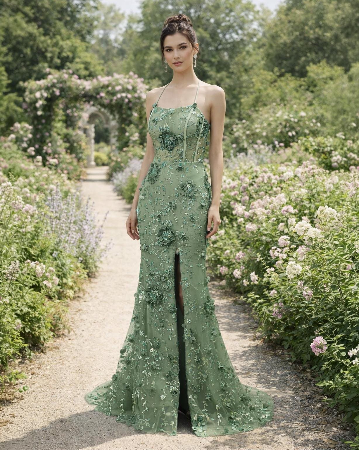 Green Prom Dress 3D Floral Applique