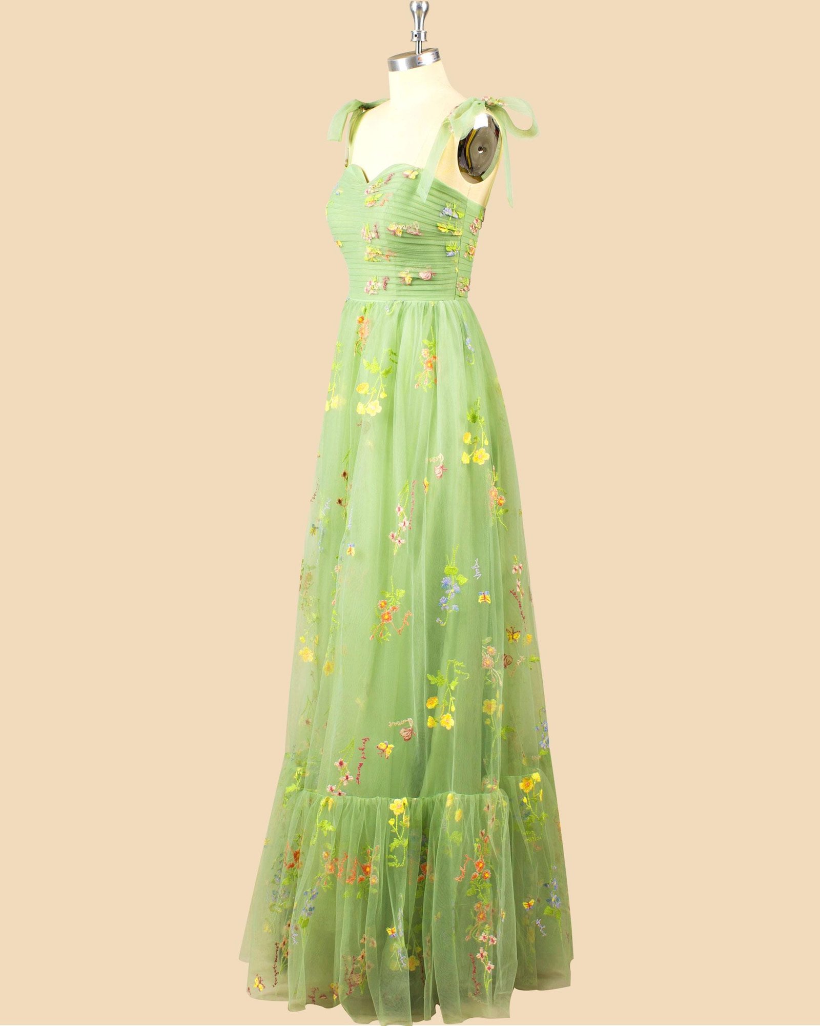 Green Prom Dress 3D Floral Applique, Custom Made Satin Evening Gown, Formal Gala Wear - Image 4