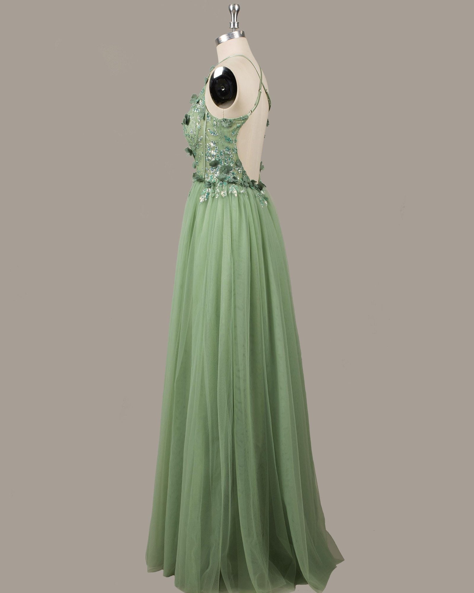 Green Prom Dress 3D Floral Applique, Custom Made Satin Evening Gown, Formal Gala Wear - Image 4