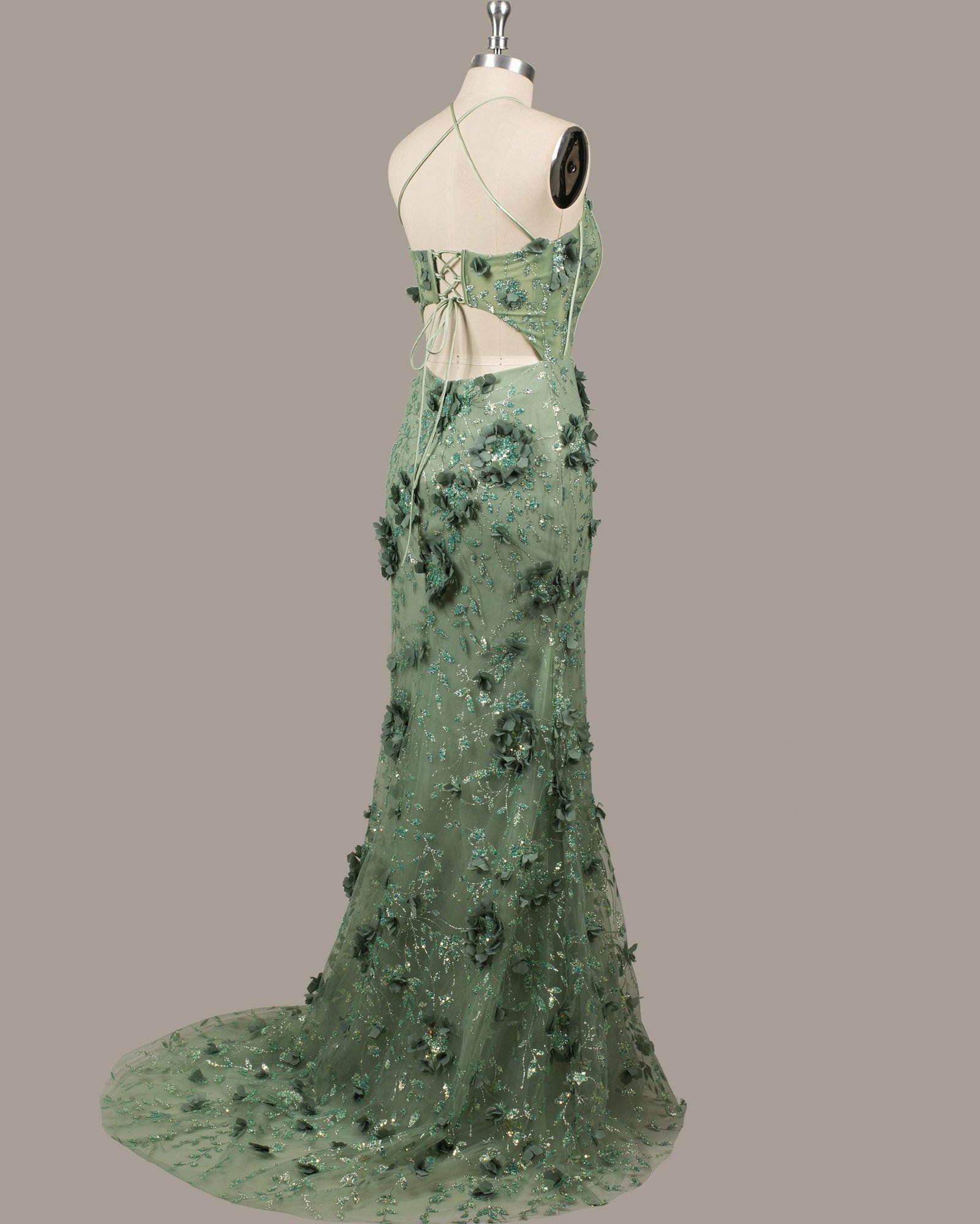 Green Prom Dress 3D Floral Applique, Custom Made Satin Evening Gown, Formal Gala Wear - Image 4