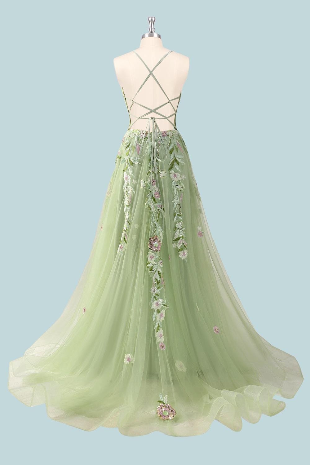 Green Prom Dress 3D Floral Applique, Custom Made Satin Evening Gown, Formal Gala Wear - Image 4