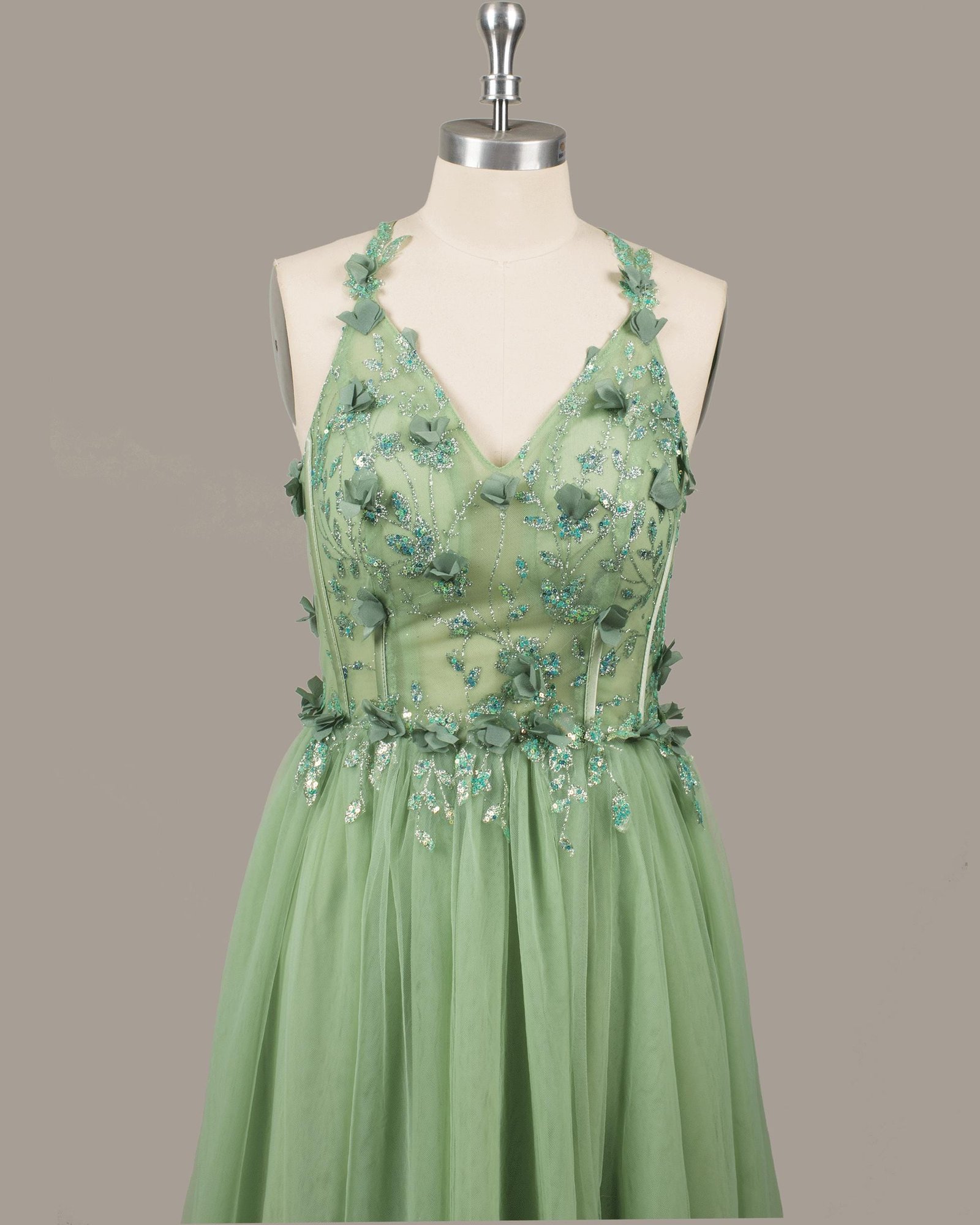 Green Prom Dress 3D Floral Applique, Custom Made Satin Evening Gown, Formal Gala Wear - Image 5