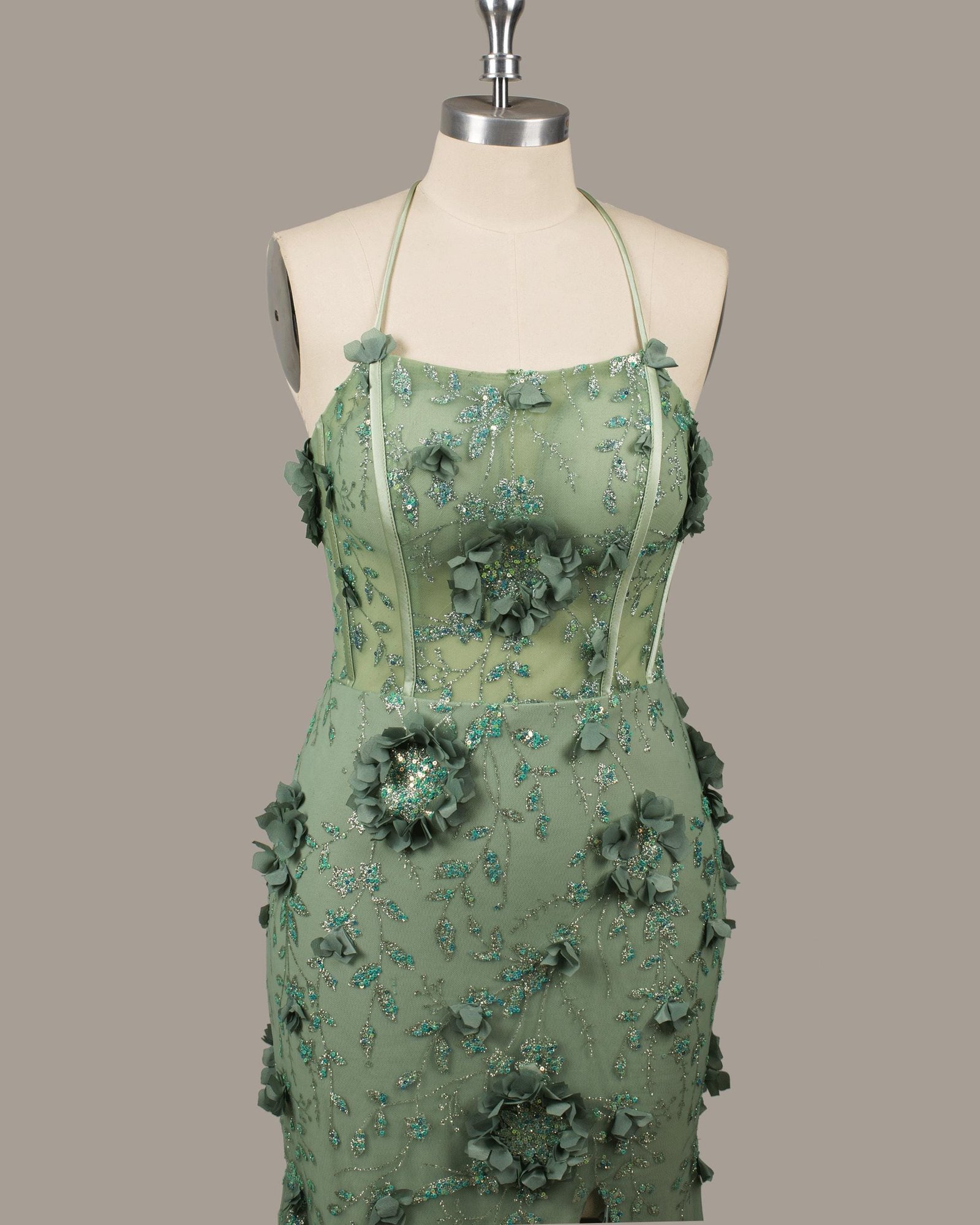 Green Prom Dress 3D Floral Applique, Custom Made Satin Evening Gown, Formal Gala Wear - Image 5