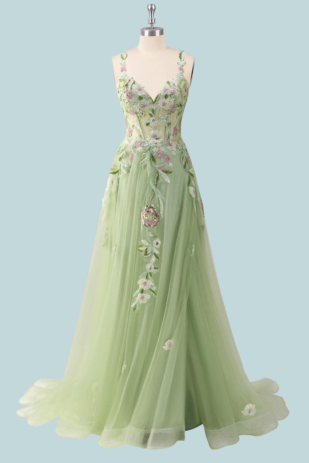 Green Prom Dress 3D Floral Applique, Custom Made Satin Evening Gown, Formal Gala Wear - Image 5