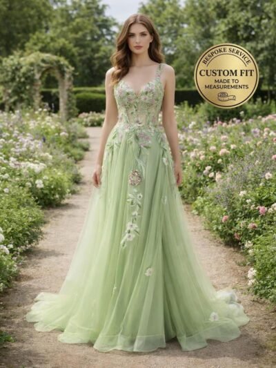 Green Prom Dress  3D Floral Applique