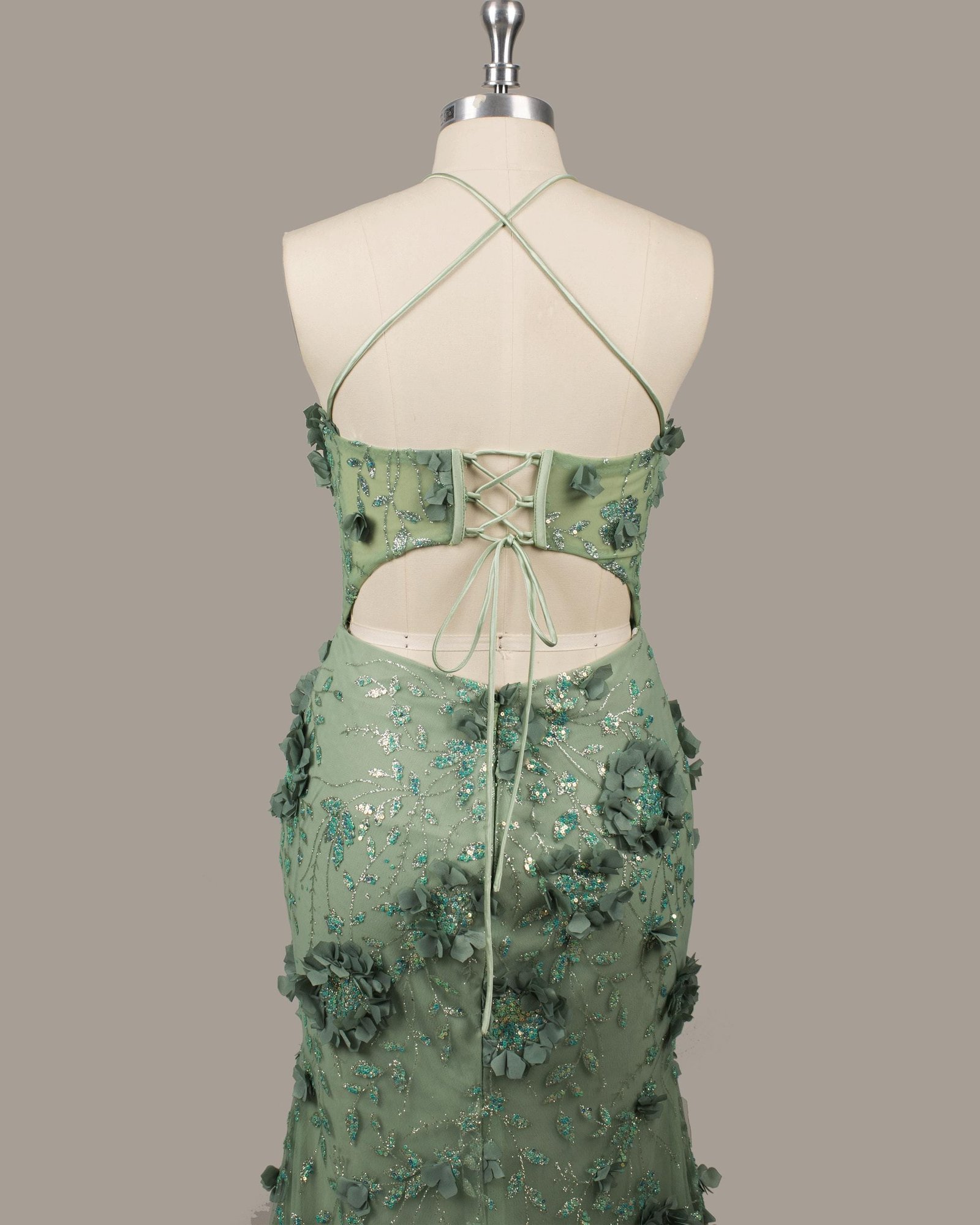 Green Prom Dress 3D Floral Applique, Custom Made Satin Evening Gown, Formal Gala Wear - Image 6
