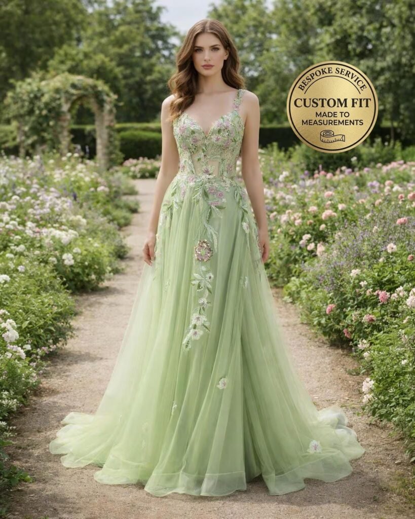 Green Prom Dress  3D Floral Applique