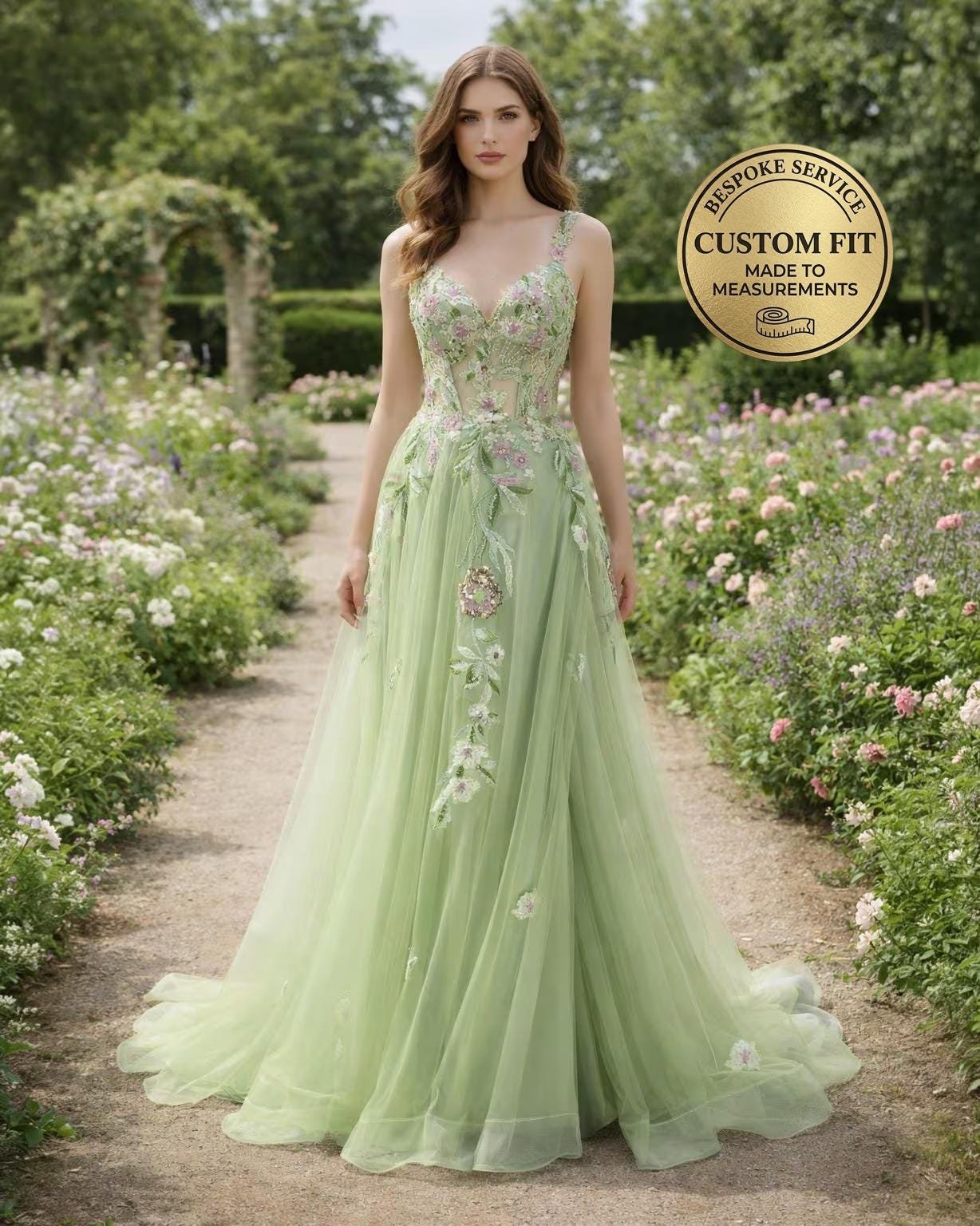 Green Prom Dress 3D Floral Applique