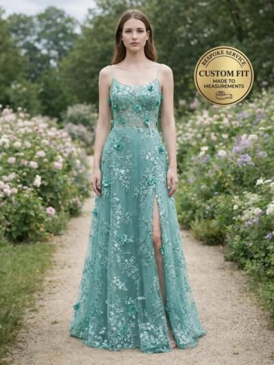 Green Wedding Dress 3D Floral Applique