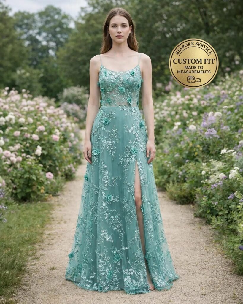 Green Wedding Dress 3D Floral Applique
