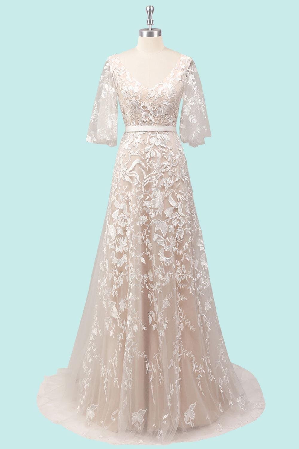 Ivory Wedding Dress 3D Floral Applique, Custom Made Embroidery Bridal Gown, Outdoor Wedding Wear - Image 4