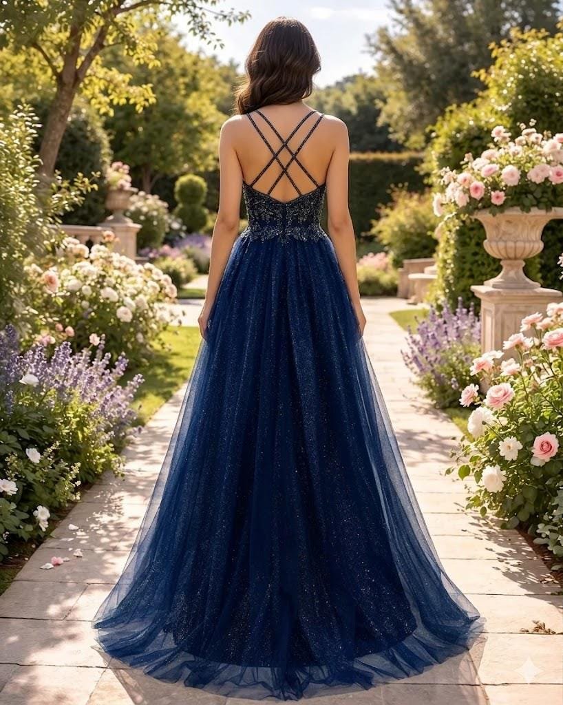 Navy Prom Dress 2026 Glitter Maximalism, Custom Made Satin Evening Gown, Formal Gala Wear - Image 7