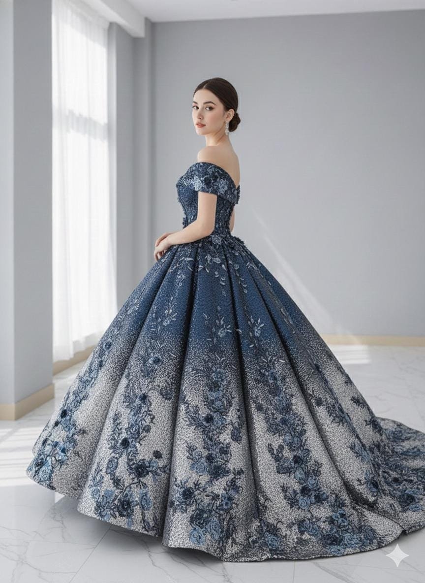 Navy Prom Dress 3D Floral Applique, Custom Made Embroidery Evening Gown, Formal Gala Wear - Image 4