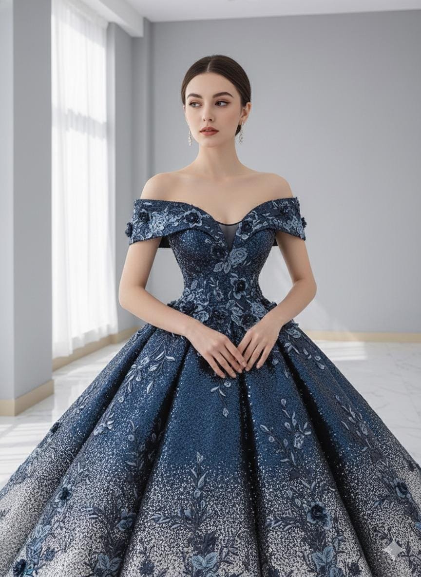 Navy Prom Dress 3D Floral Applique, Custom Made Embroidery Evening Gown, Formal Gala Wear - Image 5