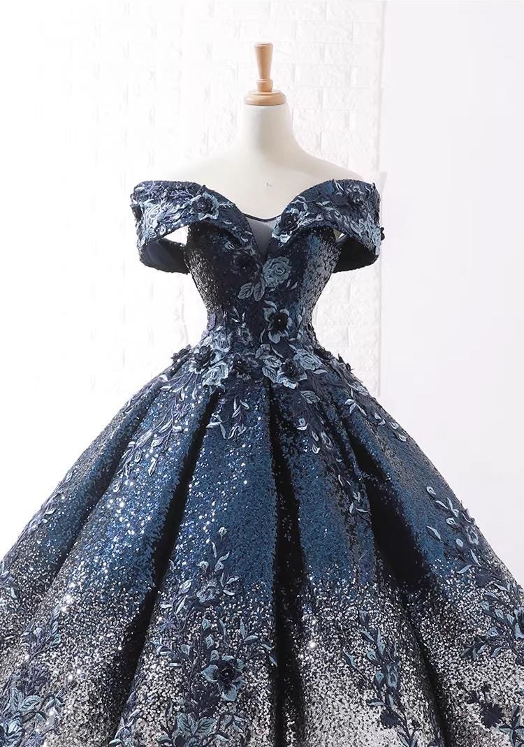 Navy Prom Dress 3D Floral Applique, Custom Made Embroidery Evening Gown, Formal Gala Wear - Image 6