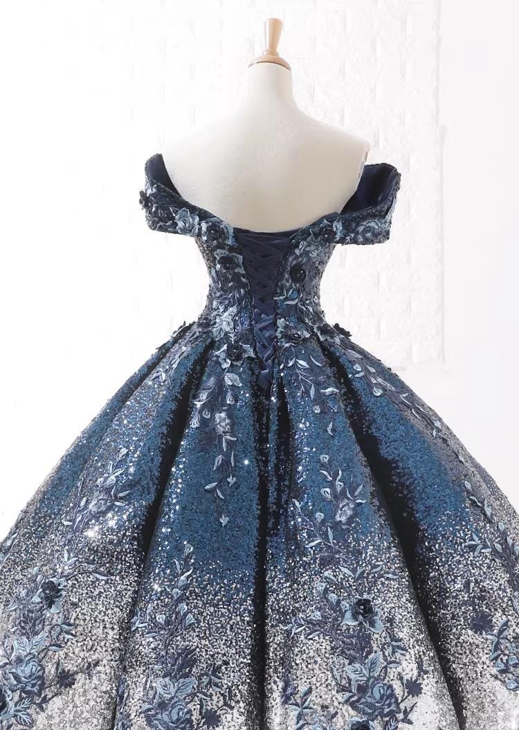 Navy Prom Dress 3D Floral Applique, Custom Made Embroidery Evening Gown, Formal Gala Wear - Image 7