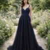 Navy Prom Dress  3D Floral Applique