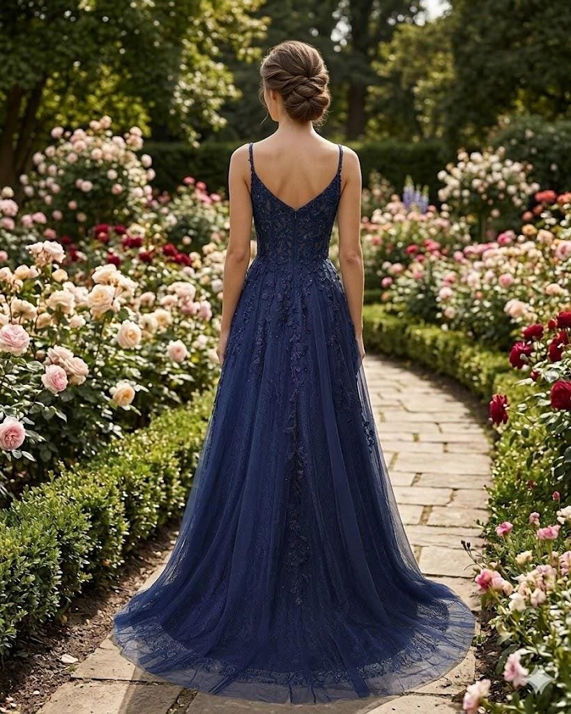 Navy Prom Dress 3D Floral Applique, Custom Made Satin Evening Gown, Formal Gala Wear - Image 4
