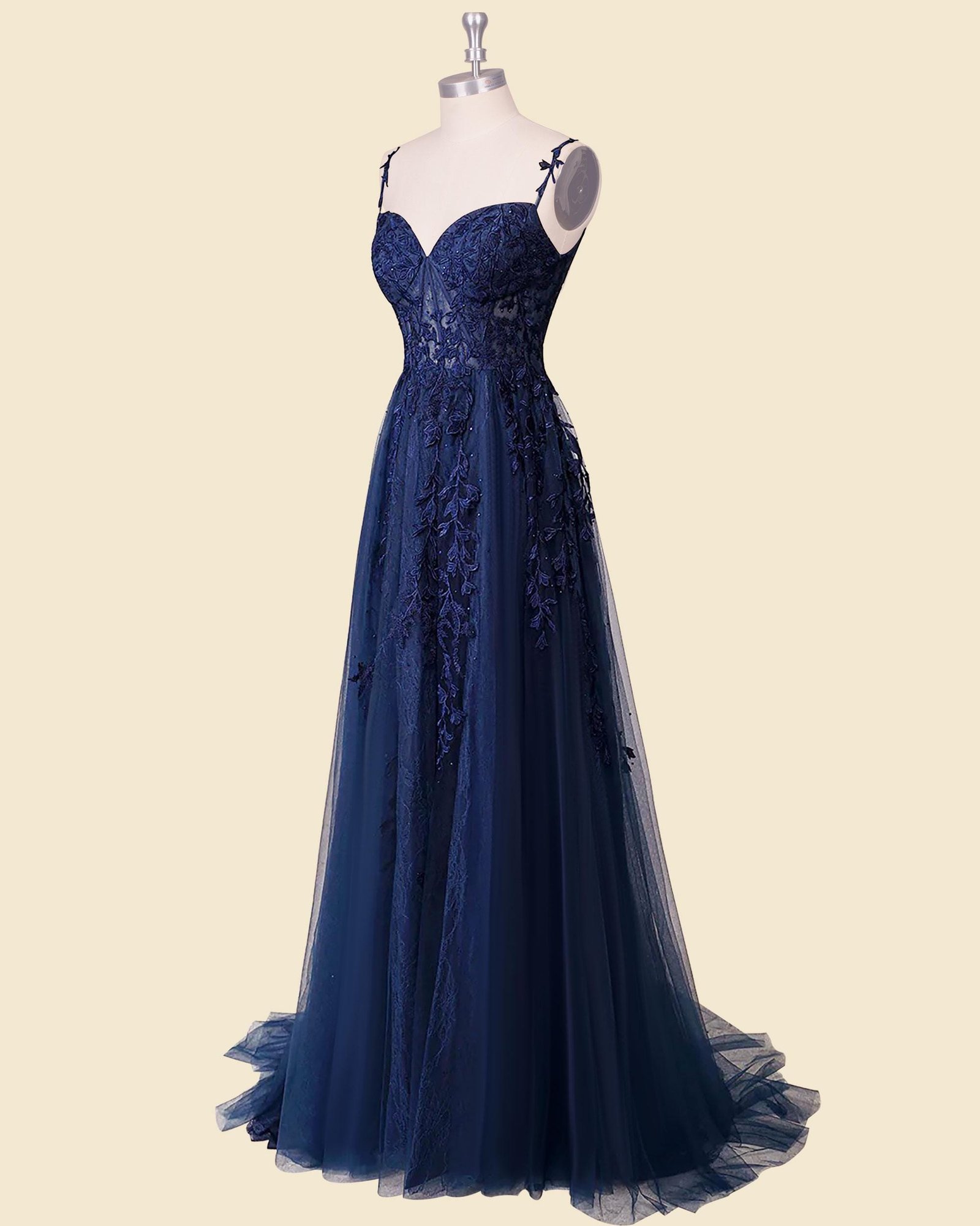 Navy Prom Dress 3D Floral Applique, Custom Made Satin Evening Gown, Formal Gala Wear - Image 5