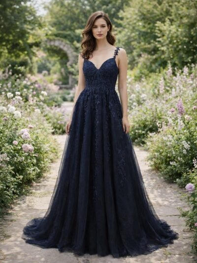 Navy Prom Dress  3D Floral Applique