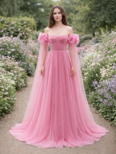 Pink Prom Dress 3D Floral Applique