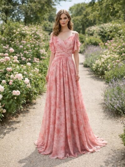 Pink Prom Dress 3D Floral Applique