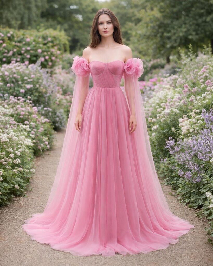 Pink Prom Dress 3D Floral Applique