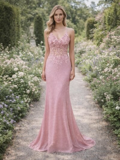 Pink Prom Dress  3D Floral Applique