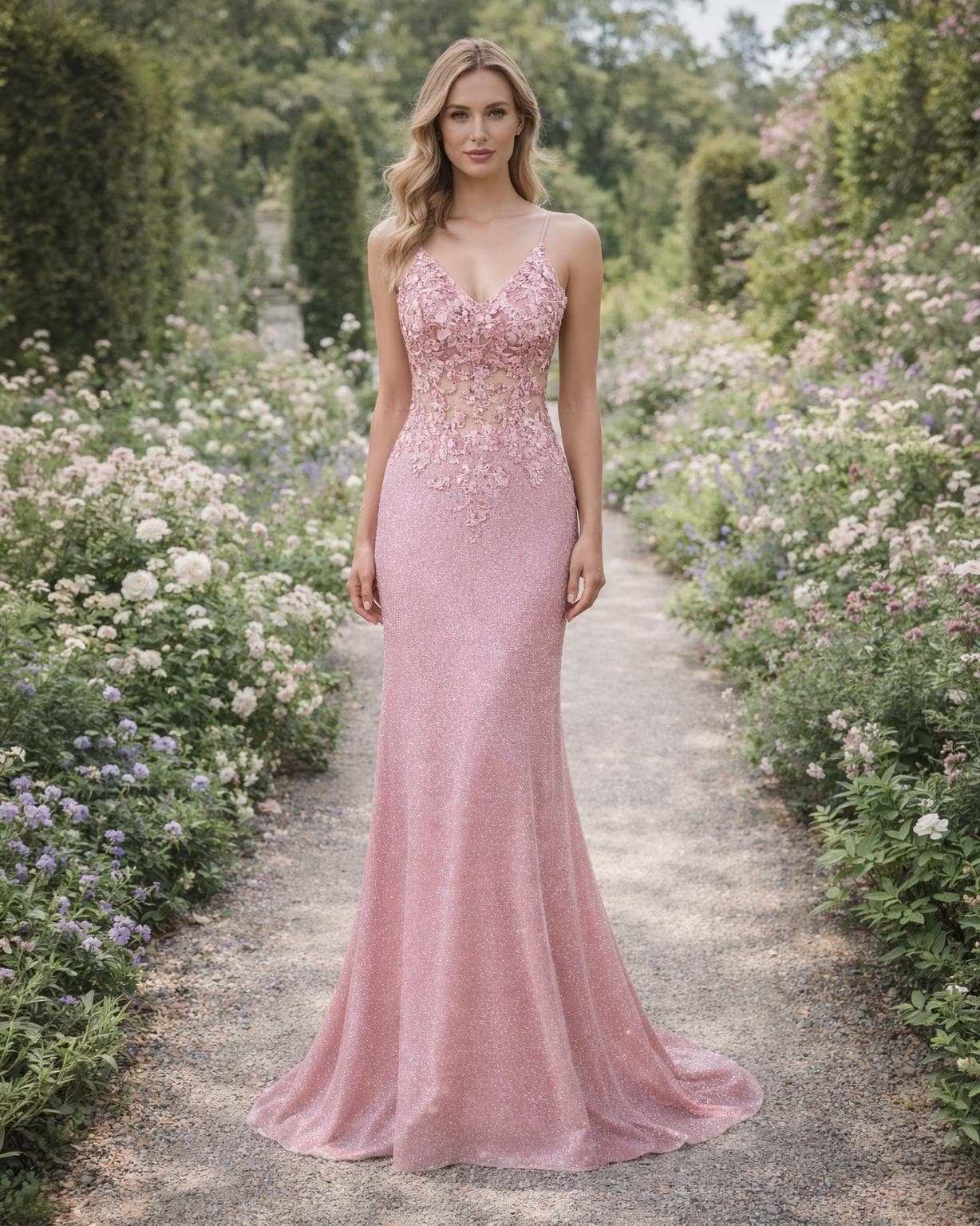 Pink Prom Dress 3D Floral Applique