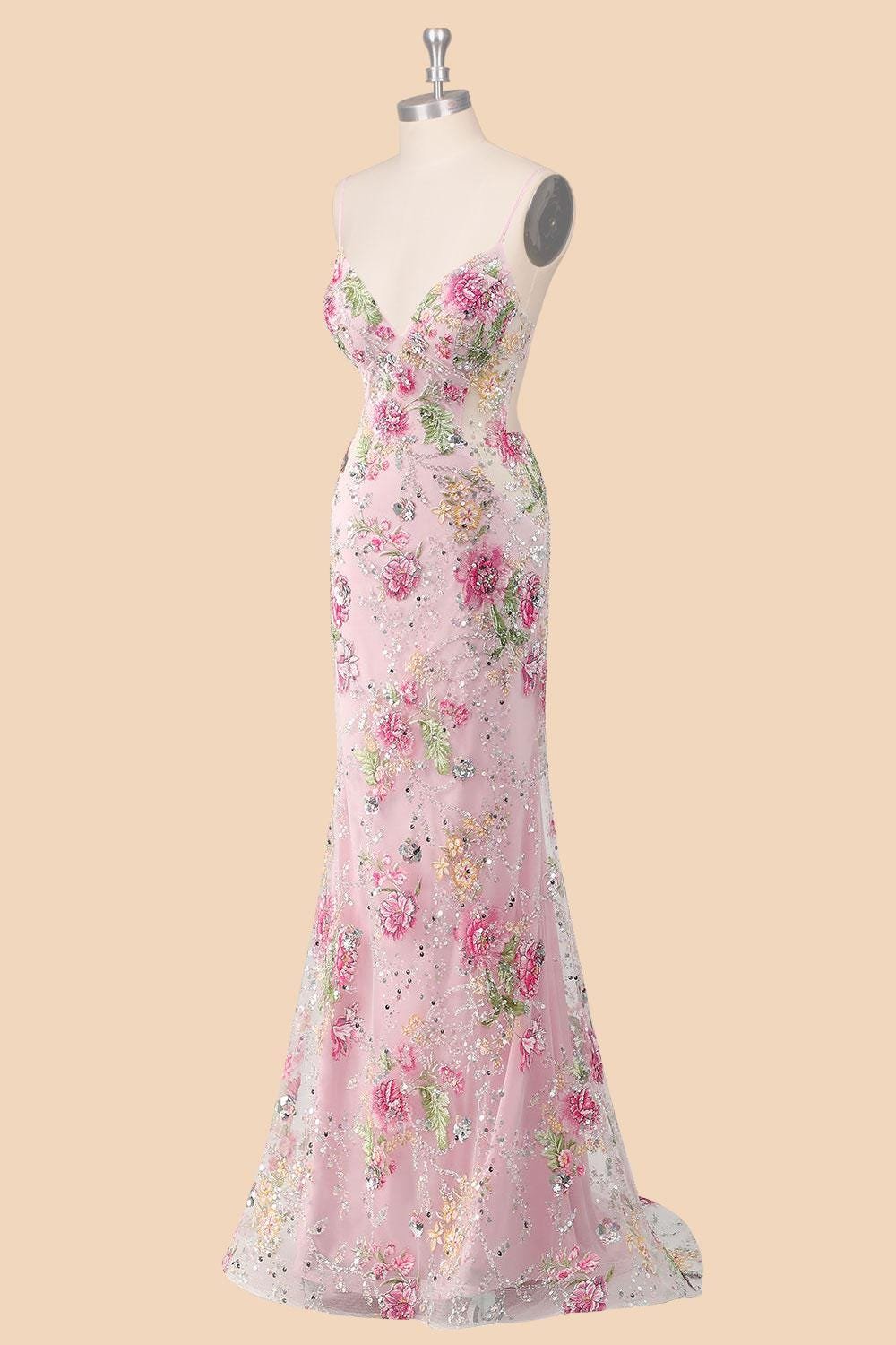 Pink Prom Dress 3D Floral Applique, Custom Made Embroidery Evening Gown, Formal Gala Wear - Image 4