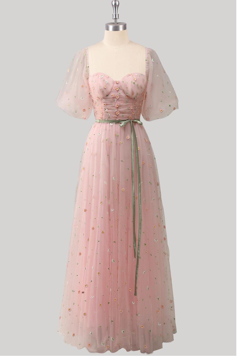 Pink Prom Dress 3D Floral Applique, Custom Made Embroidery Evening Gown, Formal Gala Wear - Image 4