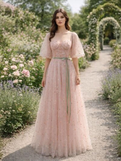 Pink Prom Dress 3D Floral Applique