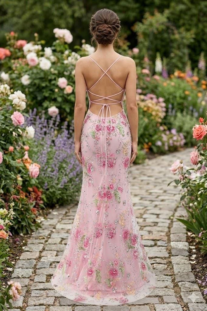Pink Prom Dress 3D Floral Applique, Custom Made Embroidery Evening Gown, Formal Gala Wear - Image 8