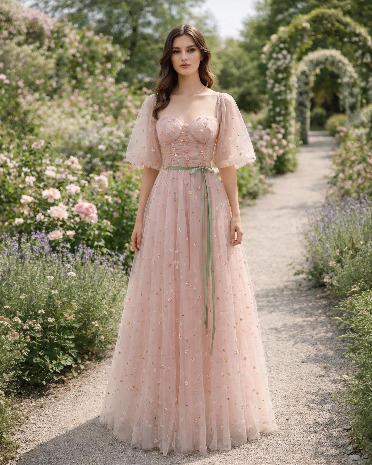 Pink Prom Dress 3D Floral Applique