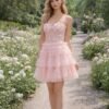 Pink Prom Dress  3D Floral Applique