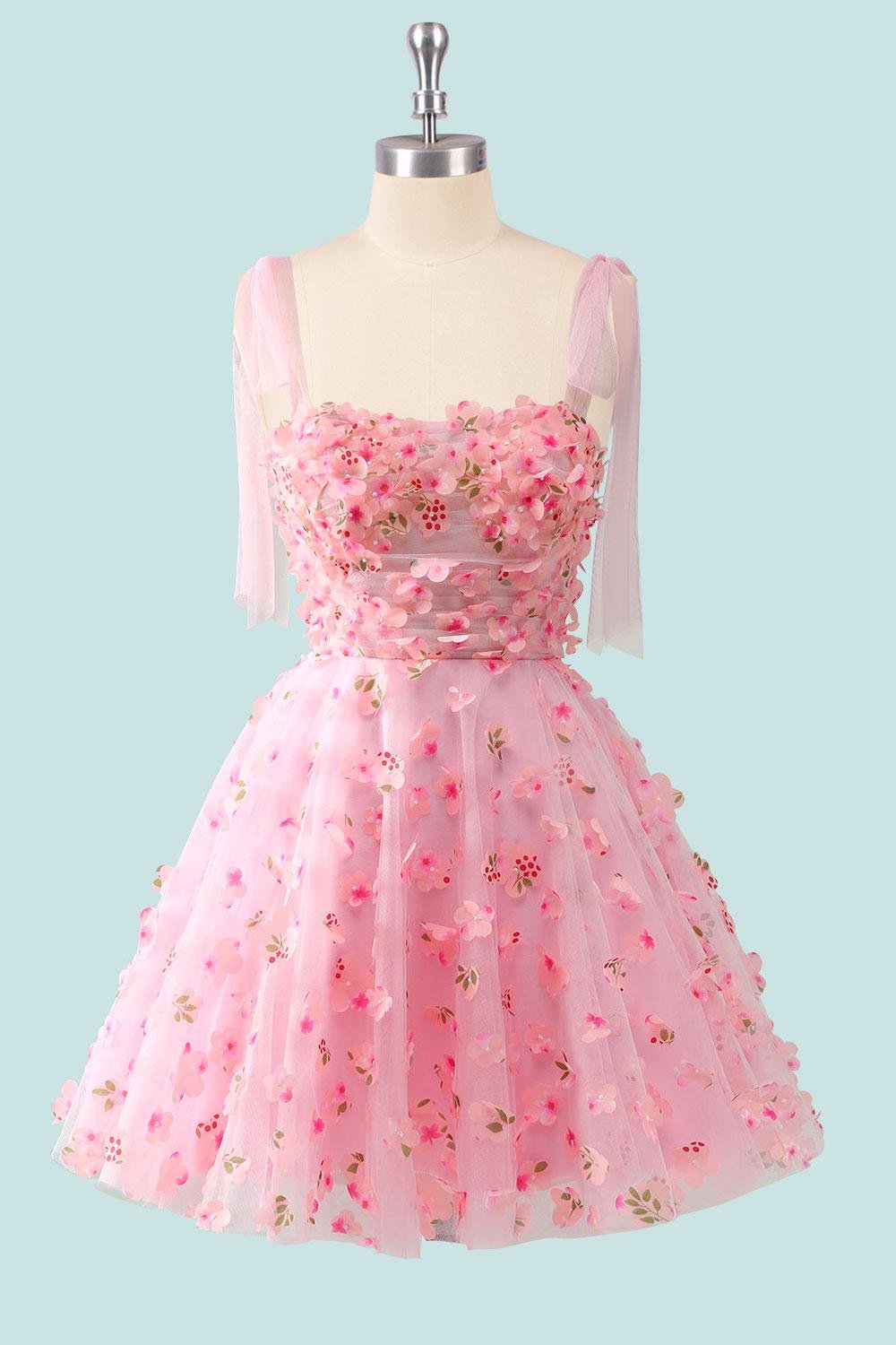 Pink Prom Dress 3D Floral Applique, Custom Made Satin Evening Gown, Formal Gala Wear - Image 5