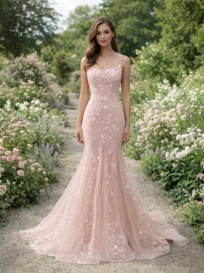 Pink Wedding Dress 3D Floral Applique