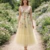 Prom Dress Yellow 3D Floral Applique