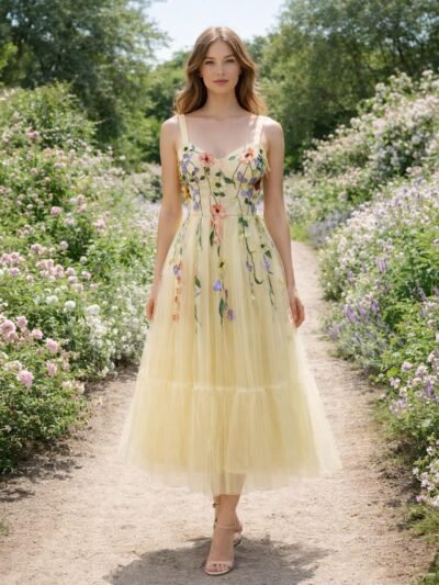 Prom Dress Yellow 3D Floral Applique