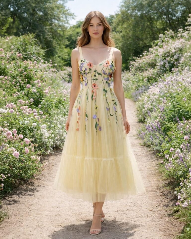 Prom Dress Yellow 3D Floral Applique