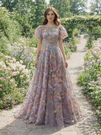 Purple Prom Dress 3D Floral Appliqu